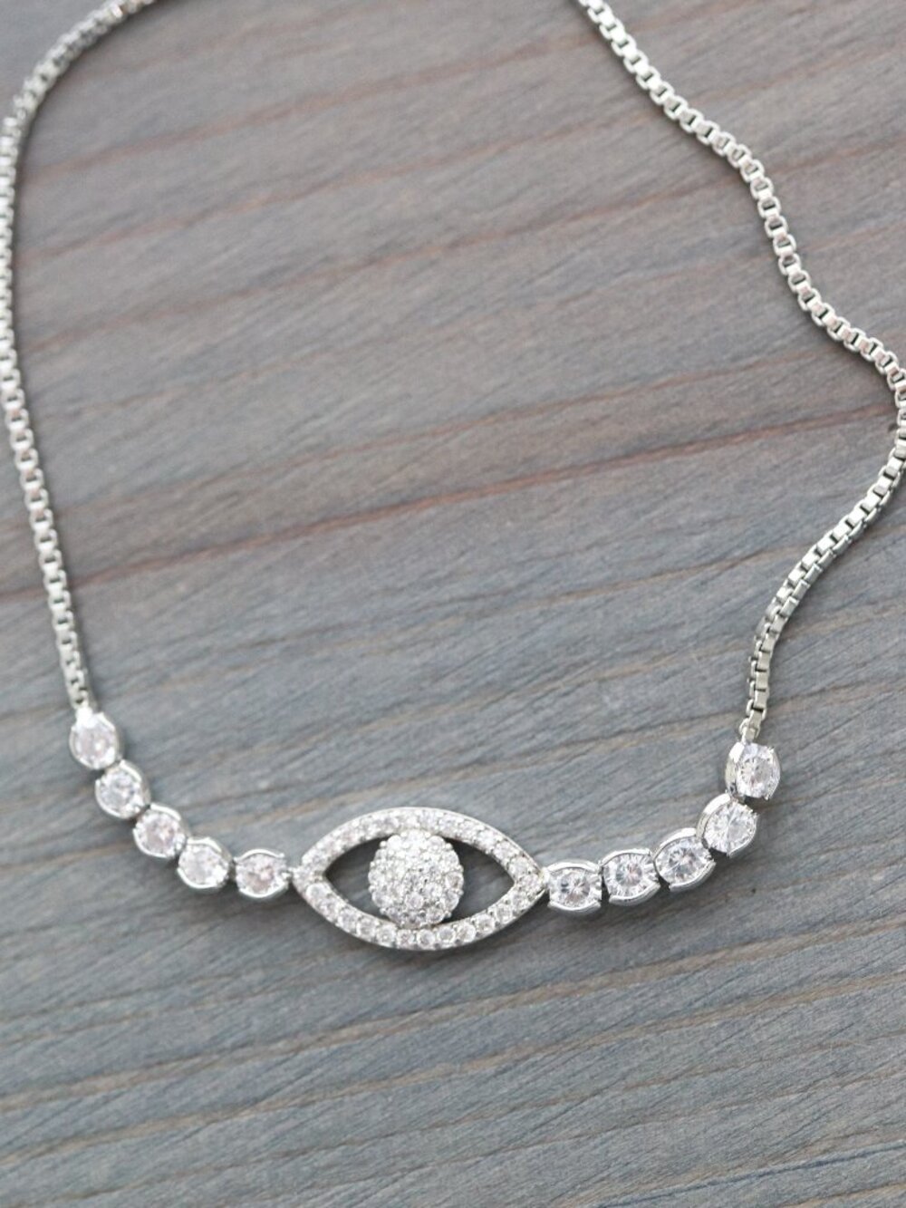 Evil Eye Style with CZ Diamond Stones Tennis Style Slider Bracelet Silver